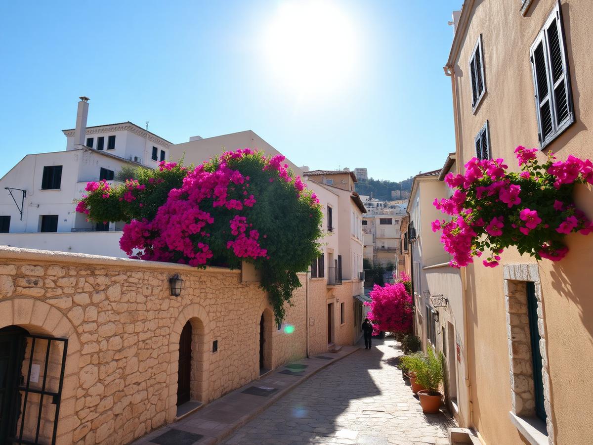 Sunlit European street lined with cafe tables and flower boxes
